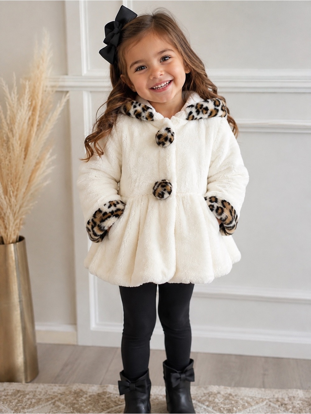 Rothschild Cream Faux-Fur Hooded Coat with Leopard Trim